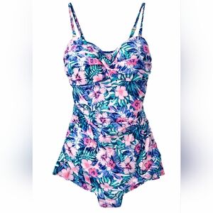 Shore Shapes  One Piece Floral Swimdress Sz 8  Tummy Control Ruched Pink Blue.